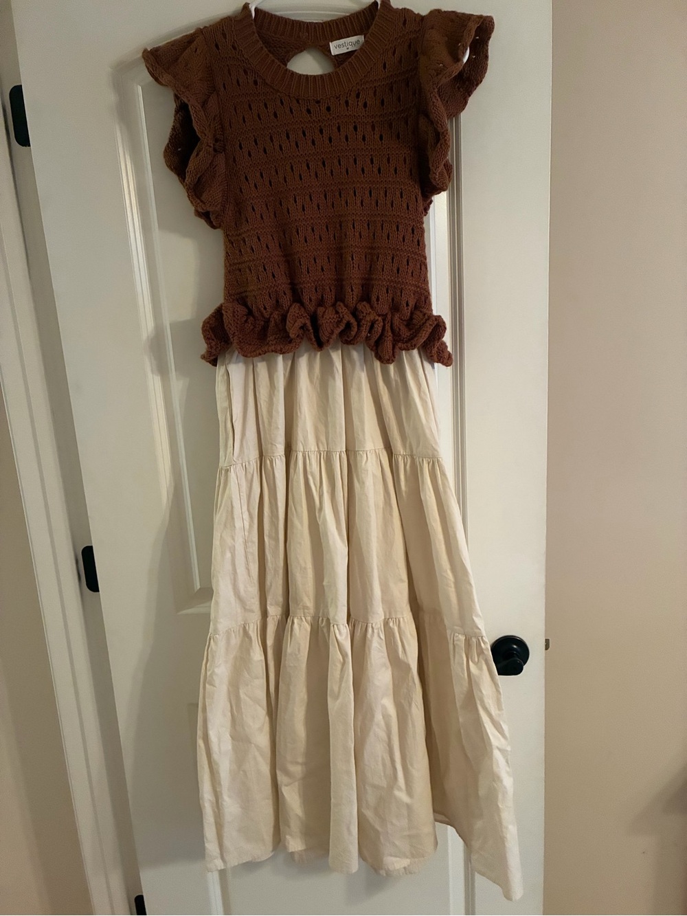 Brown Knit Ruffle Top with Cream Tiered Dress